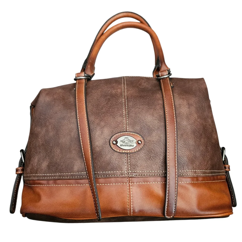 Hema Zhuofan Weekender Satchel Two Tone Brown Vegan Leather‎ Bag Purse